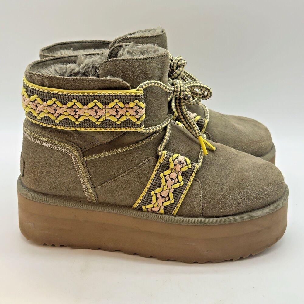 UGG Classic Ultra Mini II Braid Platform Boots Womens 9 Burnt Olive Sherpa Lined